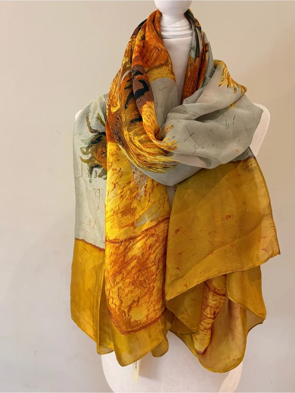 Van Gogh Sunflower Print Silk Scarf Oversized NWT 34 x 74